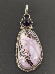 BEAUTIFUL STERLING SILVER SPOTTED PINK & WHITE STONE PENDANT W/ AMETHYST