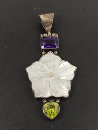 STERLING SILVER CARVED MOTHER OF PEARL FLOWER AMETHYST & PERIDOT PENDANT