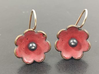 UNSIGNED HIGH END DESIGNER JOAN PARCHER STERLING SILVER & 14K ENAMEL FLOWER EARRINGS