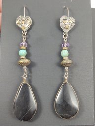 VINTAGE STERLING SILVER BLACK STONE W/ TURQUOISE & AMETHYST BEADS EARRINGS