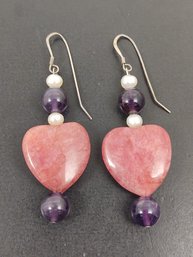 VINTAGE STERLING SILVER PINK RHODONITE HEART & AMETHYST BEAD EARRINGS