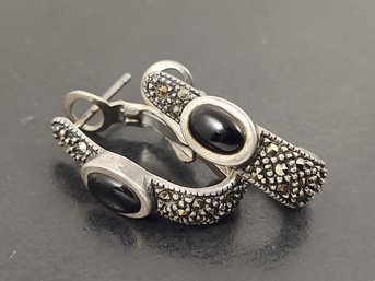 VINTAGE STERLING SILVER ONYX CABOCHON & MARCASITE EARRINGS