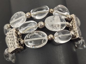 VINTAGE HAMMERED STERLING SILVER & ROCK CRYSTAL BEADED STRETCH BRACELET