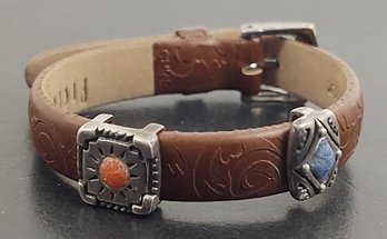 SOUTHWESTERN LEATHER BRACELET W/ STERLING SILVER & STONE SLIDE CHARM BRACELET