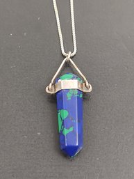 VINTAGE STERLING SILVER AZURITE (MALACHITE & LAPIS) CRYSTAL PENDANT NECKLACE