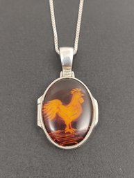 VINTAGE STERLING SILVER RESIN ROOSTER LOCKET PENDANT NECKLACE