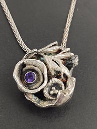 VINTAGE MID CENTURY BRUTALIST STERLING SILVER AMETHYST FLOWER & BIRDS NEST PENDANT NECKLACE