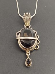 VINTAGE STERLING SILVER SMOKY QUARTZ PENDANT NECKLACE