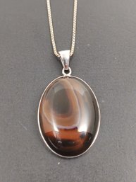 VINTAGE STERLING SILVER SWIRLED AGATE PENDANT NECKLACE