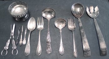 Vintage Silverplate 12 Piece Treasures  For Serving Pieces And Blue Felt Flannel Wrap       C5