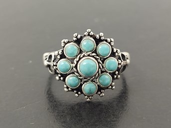 VINTAGE STERLING SILVER TURQUOISE CLUSTER RING