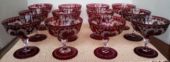 12 Cut  Vintage Czech Bohemian Ruby Red Cut To Clear Champagne Saucers