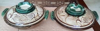 2 Vintage Raku Pottery Lidded & Handled Hand Painted Ovenware Includes Vent Holes