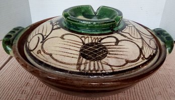 Vintage Raku Pottery Lidded & Handled Hand Painted Ovenware Includes Vent Holes 11 1/4' Diam