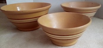 Vintage Trio Of Yellow Ware Heavy Nesting Bowls With Brown And White Bands Around The Middles