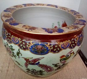 Asian Porcelain Planter With Koi Images Inside & Handpainted Embellishment, Bold Colors & A Riot Of Patterns