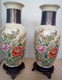 Royal Satsuma Asian Vases With Ornate Metal Stands