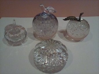 Three Clear Glass Paperweights - Two Apples & An Art Glass Design