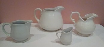 Four White Pitchers Including Homer Laughlin, Niagra And Arabia From Finland - Display Alone Or As A Group