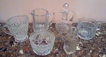 Lovely Glassware Kitchen Lot Of Creamers, Cruet, Sugar Bowl & 4 Oz Honey Container