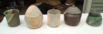 5 Fabulous Thrown Pottery Vessels - 3 With Lids - All One Of A Kind Pieces