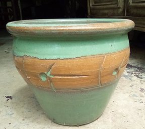 Large Green & Burnt Orange Glazed Terracotta Pot With Embossed Design