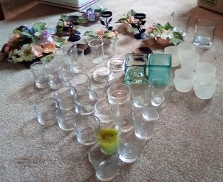 Large Lot Of Candleholders In Glass, Metal & Wood Plus Faux Flower Centerpieces