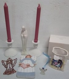 Milkglass Candlesticks, Virgin Mary Statue, DeGracia Handpainted Candleholder, 3 Angel Decorations     B2