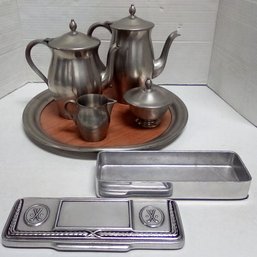 Pewter Treasures - Platter, Coffee & Tea Pots, Sugar/creamer, Golf Trinket Box & Platter D2