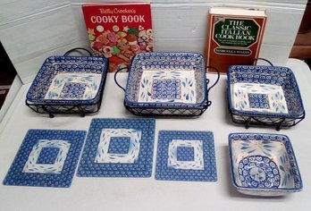 TempTations Presentable Ovenware By Tara, Stands, 1 Qt Bowl & Matching Glass Trivets E & Cook Books D4