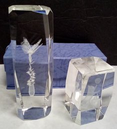 Two Brilliant Glass Sculptures With Etched Or Sandblasted Images  1 Lined Gift Box A2