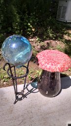 Ceramic/glass Yard Art  2 Items  Glass Ball On Iron Stand And Mushroom