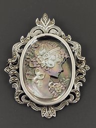 VINTAGE STERLING SILVER MARCASITE CARVED MOTHER OF PEARL CAMEO BROOCH