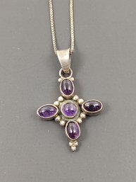 VINTAGE STERLING SILVER NECKLACE WITH AMETHYST CROSS PENDANT