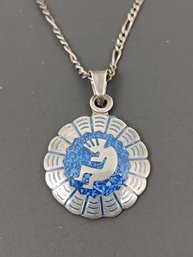 VINTAGE STERLING SILVER NECKLACE WITH CRUSHED TURQUOISE KOKOPELLI PENDANT