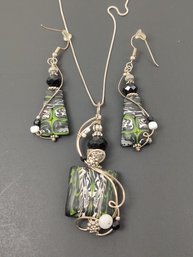 VINTAGE STERLING SILVER HARD CLAY NECKLACE & EARRINGS SET