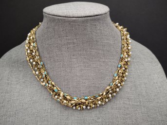 FRENCH DESIGNER CATHERINE POPESCO GOLD TONE MULTI STRAND FAUX PEARL & TURQUOISE NECKLACE