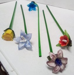 Glass Long Stem Hand Blown Flowers  In Collection 5 Pieces  CVBK