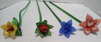 Glass Long Stem Hand Blown Flowers  In Collection 4 Pieces  CVBK