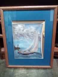 Striking Image Of Sailboat On Water With Lighthouse - Beautiful Oil On CanvaIs Under Glass & Framed  WA