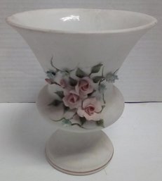 Vintage (1960s) Lefton China Of  Japan Hand Painted Flower Vase With Attached Pink Rose Blossoms & Leaves E3