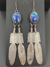 VINTAGE NATIVE AMERICAN STERLING SILVER AZURITE MALACHITE FEATHER DANGLE EARRINGS