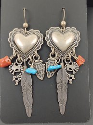 VINTAGE NATIVE AMERICAN STERLING SILVER TURQUOISE CORAL MULTI CHARM FEATHER HEART EARRINGS