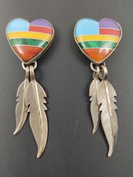 VINTAGE NATIVE AMERICAN STERLING SILVER MULTI STONE INLAY HEART FEATHER DANGLE EARRINGS