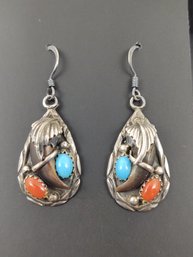 VINTAGE NAVAJO NATIVE AMERICAN LES HILL STERLING SILVER TURQUOISE CORAL BEAR CLAW EARRINGS