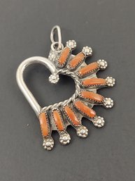 VINTAGE ZUNI NATIVE AMERICAN 'RS' STERLING SILVER NEEDLE POINT CORAL HEART PENDANT