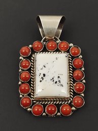 VINTAGE NAVAJO NATIVE AMERICAN AUGUSTINE LARGO STERLING SILVER WHITE BUFFALO TURQUOISE CORAL PENDANT