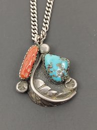 VINTAGE NAVAJO NATIVE AMERICAN SIGNED 'F' STERLING SILVER TURQUOISE CORAL PENDANT NECKLACE