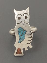 VINTAGE NATIVE AMERICAN STERLING SILVER TURQUOISE & CORAL OWL RING