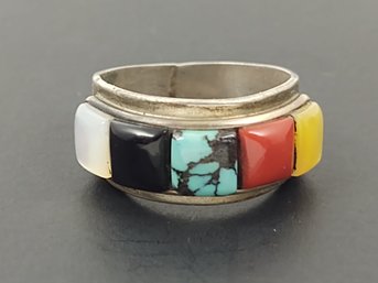 VINTAGE ANGLO - NATIVE AMERICAN KAY JOHNSON STERLING SILVER MULTI STONE RING